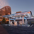 Modern Futuristic Gas Station Architecture With Illuminated Canopy And Fuel Pumps