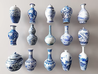 Traditional Blue and White Ceramic Vessels with Diverse Patterns and Various Shapes 3d model