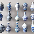 Traditional Blue and White Ceramic Vessels with Diverse Patterns and Various Shapes 3d model