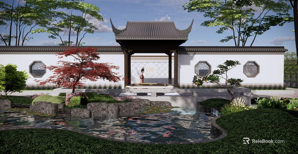 Traditional Chinese Garden Water Fountain With Koi Pond Rock Formations And Red Maple Tree 3d model 