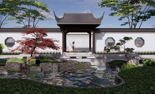 Chinese Courtyard Garden Villa Private Garden Pool Porch Flower Window Plant Landscaping 3d model