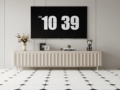 Modern Light Ribbed TV Cabinet Decorated With Vase Photo Frame Books and Trophy 3d model