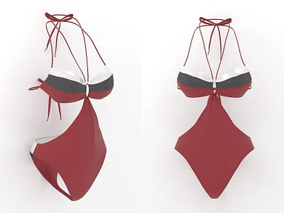 Red One Piece Swimsuit With Halter Neck Tie Design And White Black Stripes 3d model