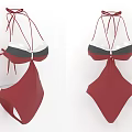 Red One Piece Swimsuit With Halter Neck Tie Design And White Black Stripes