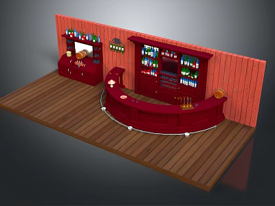 Cartoon Style Bar Scene With Red Curved Counter Wooden Shelves Colorful Bottles And Wooden Floor 3d model