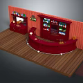 Cartoon Style Bar Scene With Red Curved Counter Wooden Shelves Colorful Bottles And Wooden Floor