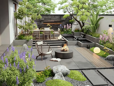 Beautiful Garden Featuring Lush Greenery Stone Steps Fire Pit Wicker Chair And Purple Flowers 3d model