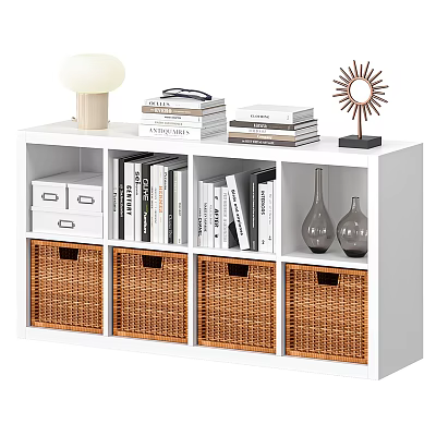 White Entryway Sideboard Cabinet With Rattan Storage Baskets Open Shelves Drawers And Decorative Books 3d model