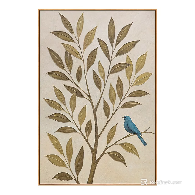Botanical Art Painting with Green Leaves Brown Branches and Blue Bird Perched on Branch 3d model 