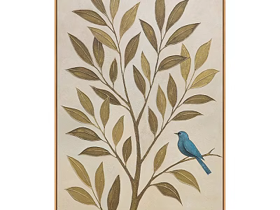 Botanical Art Painting with Green Leaves Brown Branches and Blue Bird Perched on Branch 3d model