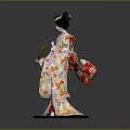 Traditional Japanese Geisha Woman Wearing Floral Kimono Holding Red Decorative Item On Black Base