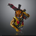Action Figure With Orange Flame Helmet Smiling Face Yellow Red Vest And Guns