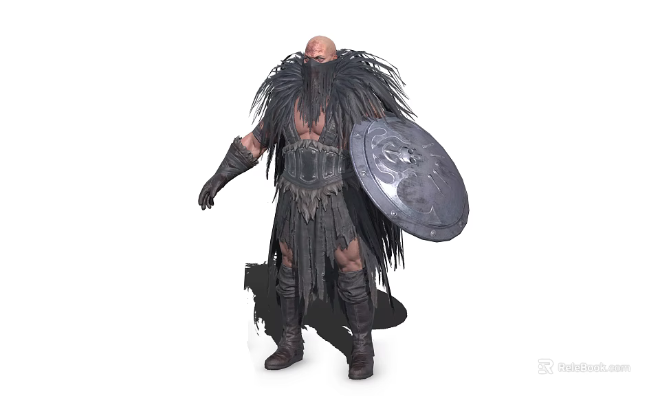 Bald Bearded Barbarian Warrior Wearing Feathered Leather Armor And Patterned Shield 3d model 
