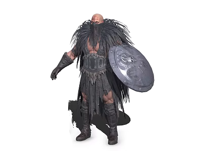 Bald Bearded Barbarian Warrior Wearing Feathered Leather Armor And Patterned Shield 3d model