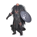 Bald Bearded Barbarian Warrior Wearing Feathered Leather Armor And Patterned Shield