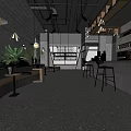 Modern Industrial Cafe Interior Design With Green Plants Bar Counter Benches And Large Windows