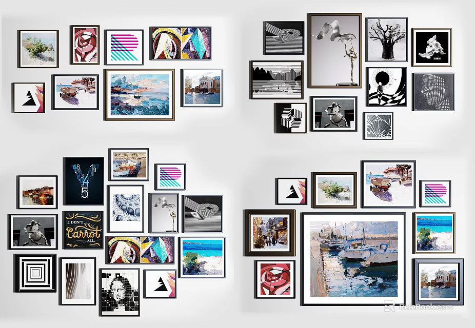 Creative Photo Wall With Various Frames Colorful And Black White Prints Mixed Sizes 3d model 