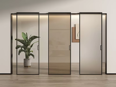 Sliding Glass Doors in Modern Interior Design with Green Plant and Wooden Floor 3d model