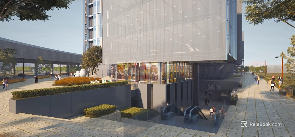 Modern Commercial Street Design Featuring Glass Facades Pedestrians Shop Windows And Greenery 3d model 