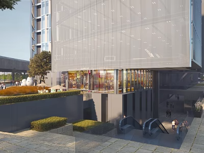 Modern Commercial Street Design Featuring Glass Facades Pedestrians Shop Windows And Greenery 3d model