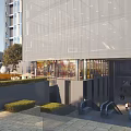 Modern Commercial Street Design Featuring Glass Facades Pedestrians Shop Windows And Greenery