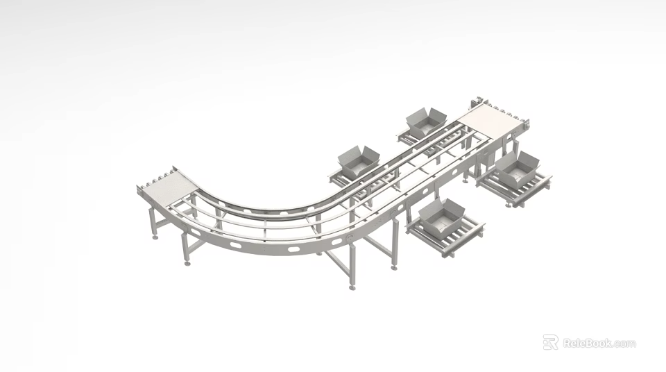 Industrial Curved Conveyor Belt System With Metal Frames And Loading Platforms 3d model 