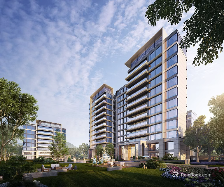 Modern High Rise Residential Building With Glass Facade Green Lawn And Trees 3d model 