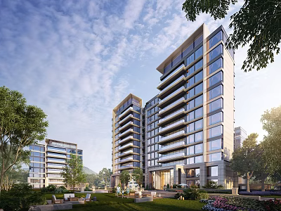 Modern High Rise Residential Building With Glass Facade Green Lawn And Trees 3d model