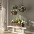 Indoor Hanging Basket Plants Decor with White Flowers Green Leaves and Natural Light Curtains