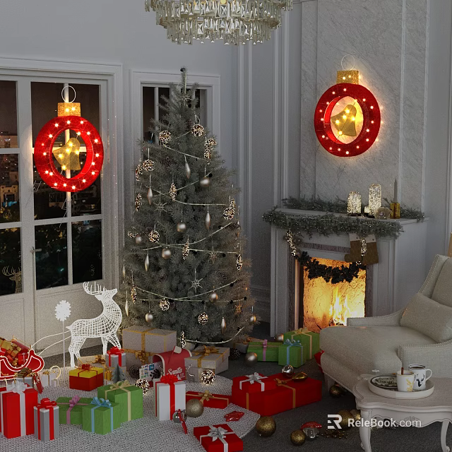 Festive Art Installation In Living Room With Lighted Red Ornaments Christmas Tree Gifts And Fireplace 3d model 