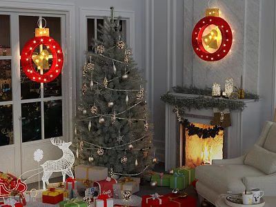 Festive Art Installation In Living Room With Lighted Red Ornaments Christmas Tree Gifts And Fireplace 3d model
