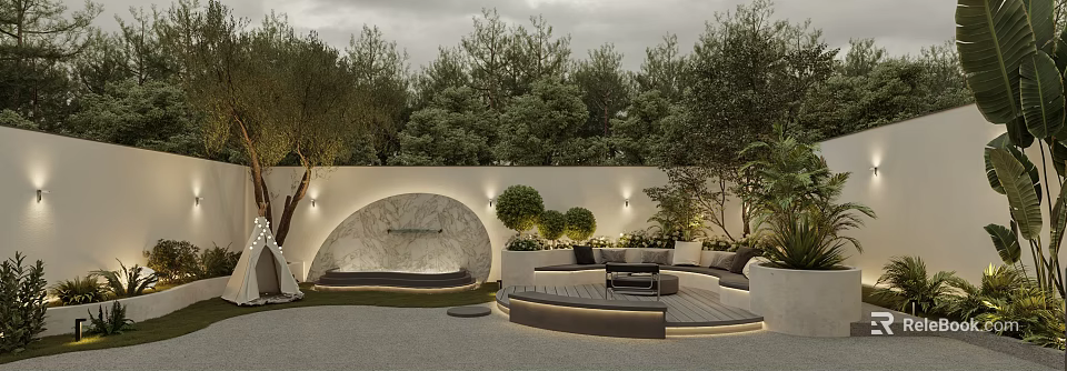 Modern Garden Landscape With White Wall Arched Marble Feature Rounded Shrubs And Seating Area 3d model