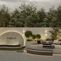 Modern Garden Landscape With White Wall Arched Marble Feature Rounded Shrubs And Seating Area 3d model