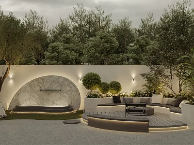 Modern Garden Landscape With White Wall Arched Marble Feature Rounded Shrubs And Seating Area 3d model