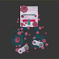 Pink Themed Retro Game Console With Controllers And Rose Decorations