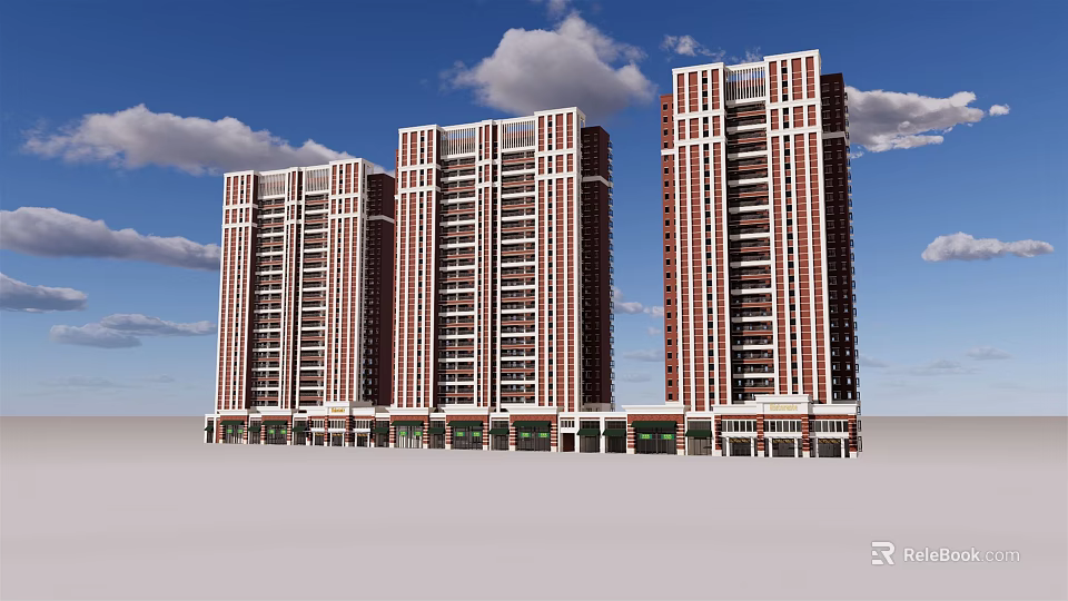 Modern High Rise Residential Buildings With Red White Exterior And Blue Sky Background 3d model 