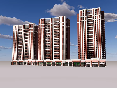 Modern High Rise Residential Buildings With Red White Exterior And Blue Sky Background 3d model