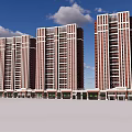 Modern High Rise Residential Buildings With Red White Exterior And Blue Sky Background