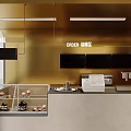 Modern Milk Tea Shop Interior With Open Counter Gold Wall Hanging Lights And Tables Chairs