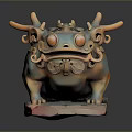 Iridescent Mythical Toad Statue With Dragon Horns Scales Coin Motifs And Stone Base