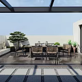 Roof Garden Relaxation Space with Wooden Deck Dining Table Chairs Glass Pergola and Potted Plants