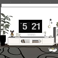 Modern Minimalist Living Room With TV Stand Large Plant And Patterned Rug Decorations