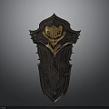 Ornate Medieval Shield with Intricate Engraved Patterns Gold Accents and Dark Metal Base