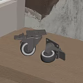 Durable Metal Caster Wheels On Wooden Tabletop With Distressed Wall Background