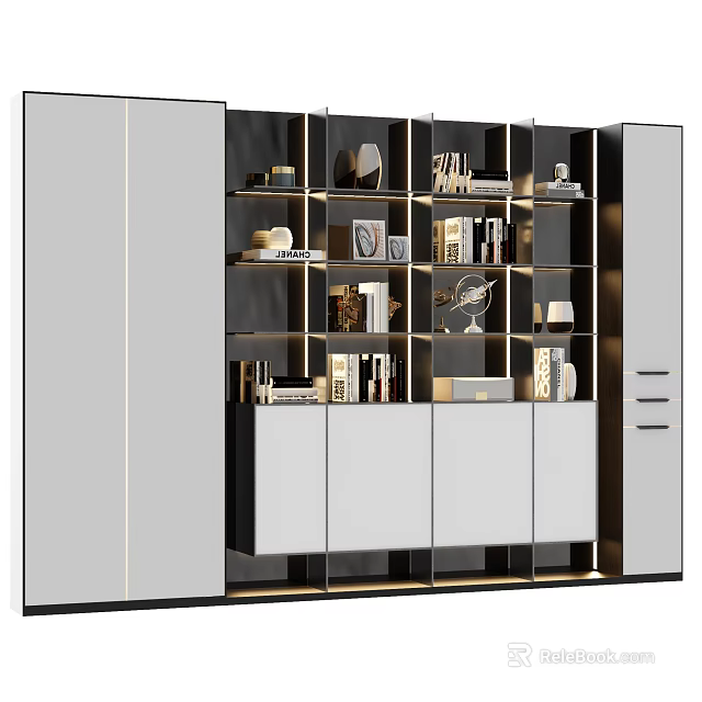 Modern Decorative Cabinet With Open Shelves Closed Cabinets And Metal Accents 3d model 
