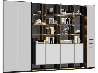 Modern Decorative Cabinet With Open Shelves Closed Cabinets And Metal Accents 3d model
