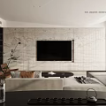 Modern Open Living Dining Area With Black Table White Chairs Marble Wall And TV