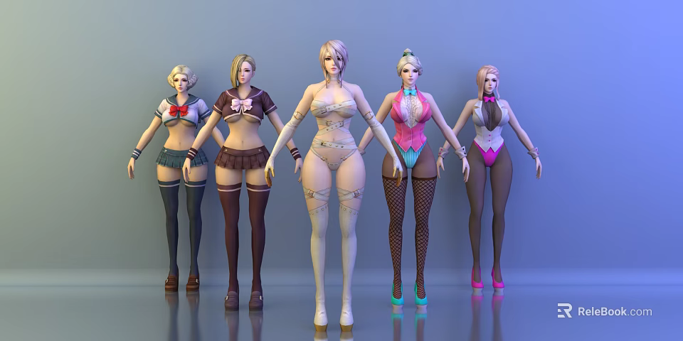 Game Movie Female Characters In Various Outfits With Tattoos Stockings And High Heels 3d model 