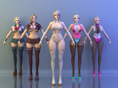 Game Movie Female Characters In Various Outfits With Tattoos Stockings And High Heels 3d model