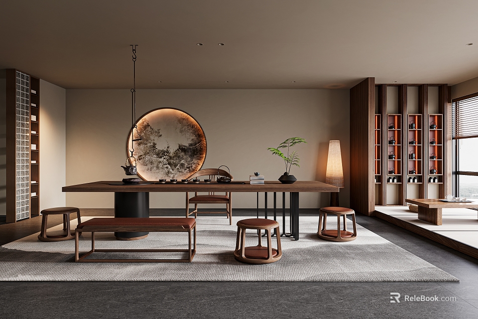 Modern Chinese Style Tea Room With Wooden Table Stools Round Decorative Painting And Bookshelves 3d model 